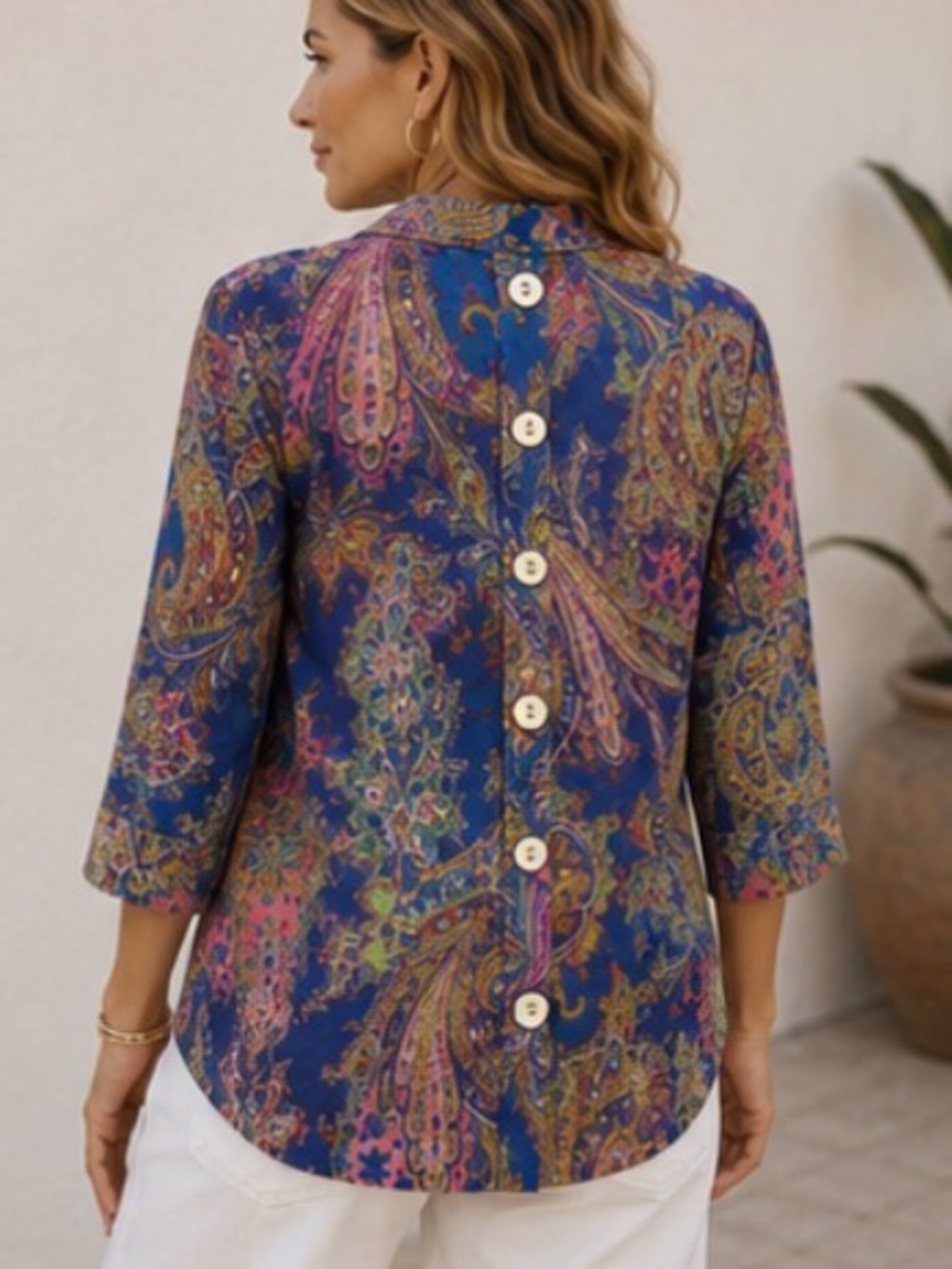 Hinson Wu Aileen Bright Cameo Paisley Shirt Size 4 Button Back Cotton Stretch - Picture 2 of 4